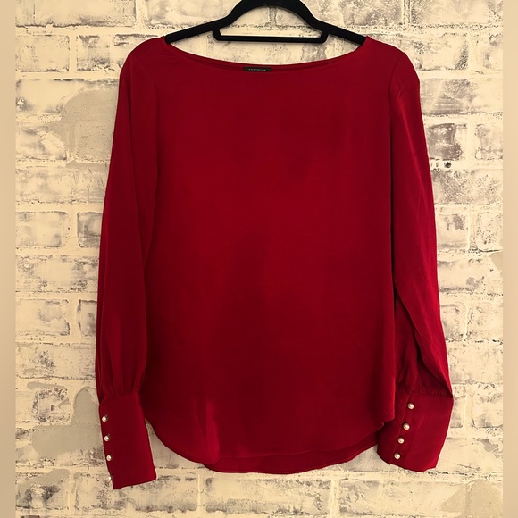 Ann Taylor Tops - Ann Taylor | Satin Red Long Sleeve Blouse w Pearl Cuffs